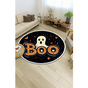 Yuvarlak Halı Sevimli Hayalet Ve Boo Yazılı | Cadılar Bayramı Temalı Bebek Dostu Halı