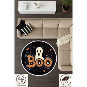 Yuvarlak Halı Sevimli Hayalet Ve Boo Yazılı | Cadılar Bayramı Temalı Bebek Dostu Halı 60x60 cm