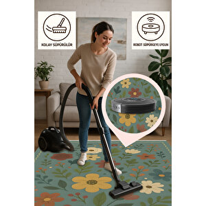 Renkli Çiçekli Yıkanabilir Yeşil Halı 160x230 Cm