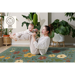 Renkli Çiçekli Yıkanabilir Yeşil Halı 160x230 Cm