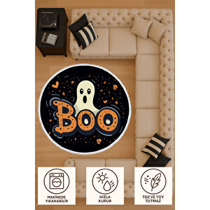 Yuvarlak Halı Sevimli Hayalet Ve Boo Yazılı | Cadılar Bayramı Temalı Bebek Dostu Halı
