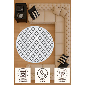 Yuvarlak Halı – Gri Beyaz Desenli Modern Tasarım | Pamuk Tabanlı Kaymaz Salon Halısı 150x150 cm