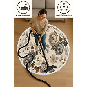 Yuvarlak Halı Krem Kahve Çiçek Desenli Pamuk Tabanlı Kaymaz Klasik Salon Halısı 100x100 cm