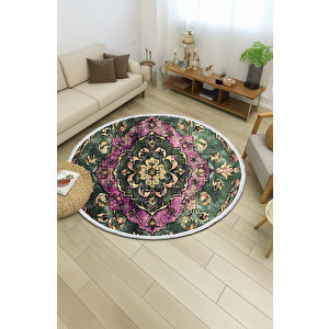 Yuvarlak Halı – Vintage Desenli Pamuk Tabanlı Kaymaz Salon Kilimi | Oturma Odası Halısı | Bohem Tarz Dekoratif Halı 80x80 cm
