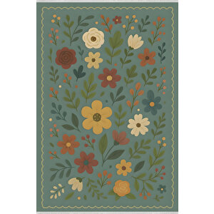 Renkli Çiçekli Yıkanabilir Yeşil Halı 160x230 Cm 200x600 cm