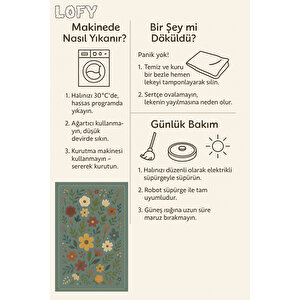 Renkli Çiçekli Yıkanabilir Yeşil Halı 160x230 Cm 200x600 cm