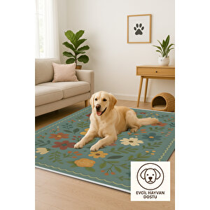 Renkli Çiçekli Yıkanabilir Yeşil Halı 160x230 Cm
