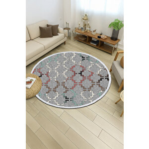 Yuvarlak Halı – Gri Zeminli Geometrik Desen | Pamuk Tabanlı Kaymaz Salon Ve Oturma Halısı