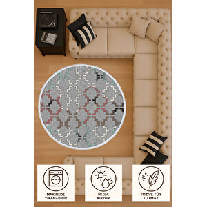Yuvarlak Halı – Gri Zeminli Geometrik Desen | Pamuk Tabanlı Kaymaz Salon Ve Oturma Halısı