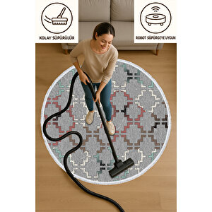 Yuvarlak Halı – Gri Zeminli Geometrik Desen | Pamuk Tabanlı Kaymaz Salon Ve Oturma Halısı 60x60 cm