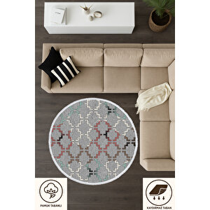 Yuvarlak Halı – Gri Zeminli Geometrik Desen | Pamuk Tabanlı Kaymaz Salon Ve Oturma Halısı 60x60 cm