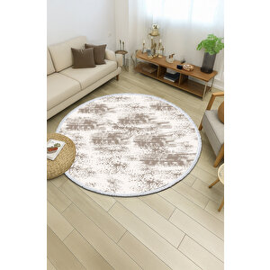Yuvarlak Halı – Bej Ve Krem Modern Desenli | Kaymaz Tabanlı Pamuklu Salon Halısı 100x100 cm