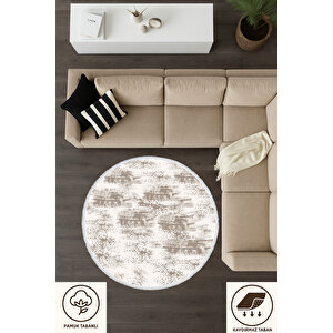 Yuvarlak Halı – Bej Ve Krem Modern Desenli | Kaymaz Tabanlı Pamuklu Salon Halısı