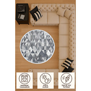 Yuvarlak Halı Gri Geometrik Desen | Modern Bebek & Evcil Dostu Kaymaz Zemin Mutfak Halısı 180x180 cm