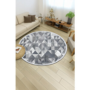 Yuvarlak Halı Gri Geometrik Desen | Modern Bebek & Evcil Dostu Kaymaz Zemin Mutfak Halısı