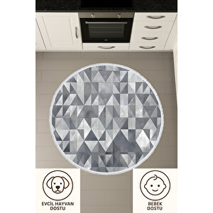 Yuvarlak Halı Gri Geometrik Desen | Modern Bebek & Evcil Dostu Kaymaz Zemin Mutfak Halısı 80x80 cm
