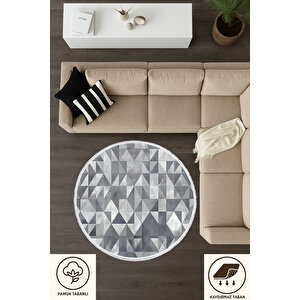 Yuvarlak Halı Gri Geometrik Desen | Modern Bebek & Evcil Dostu Kaymaz Zemin Mutfak Halısı 80x80 cm