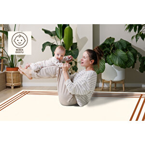 Modern Çizgili Krem Kahve Yıkanabilir Halı 160x230 Cm