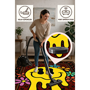 Eriyen Gülen Yüz Retro Halı – Renkli & Eğlenceli | Kaymaz, Yıkanabilir, Evcil Dostu 80x350 cm