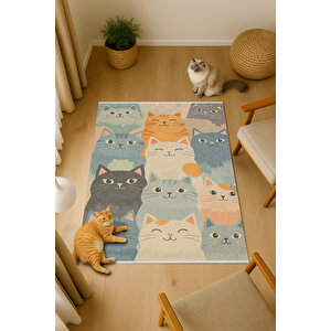 Sevimli Kedi Desenli Halı – Renkli Ve Neşeli Tasarım | Kaymaz, Yıkanabilir, Evcil & Bebek Dostu 80x80 cm