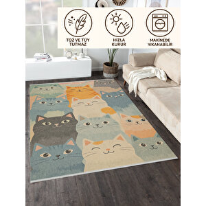 Sevimli Kedi Desenli Halı – Renkli Ve Neşeli Tasarım | Kaymaz, Yıkanabilir, Evcil & Bebek Dostu 150x150 cm