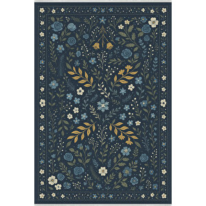Lacivert Çiçek Desenli Halı – Kaymaz Taban, Yıkanabilir, Bebek Ve Evcil Dostu, İnce Yapı 80x350 cm