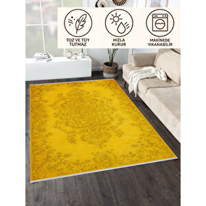 Sarı Retro Desenli Halı – Enerjik & Modern Stil | Kaymaz Tabanlı, Yıkanabilir, Evcil Dostu 100x200 cm