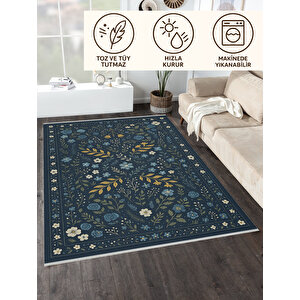 Lacivert Çiçek Desenli Halı – Kaymaz Taban, Yıkanabilir, Bebek Ve Evcil Dostu, İnce Yapı 180x200 cm