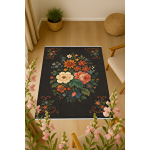Siyah Zeminli Çiçek Desenli Halı – Kaymaz, Yıkanabilir, Bebek Ve Evcil Dostu Dekoratif Halı 80x200 cm