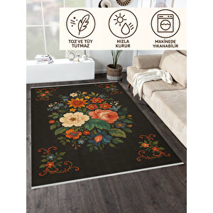 Siyah Zeminli Çiçek Desenli Halı – Kaymaz, Yıkanabilir, Bebek Ve Evcil Dostu Dekoratif Halı 80x200 cm