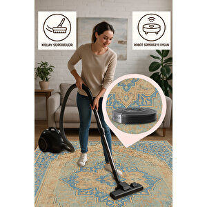 Mavi Bej Klasik Halı – Soft Renkli Vintage Tasarım | Kaymaz, Yıkanabilir, Evcil Ve Bebek Dostu 200x350 cm