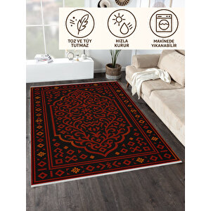Siyah Zemin Kırmızı Geometrik Halı – Etnik Stil | Kaymaz Taban, Yıkanabilir, Evcil Dostu 160x350 cm