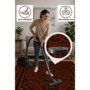Siyah Zemin Kırmızı Geometrik Halı – Etnik Stil | Kaymaz Taban, Yıkanabilir, Evcil Dostu 160x350 cm
