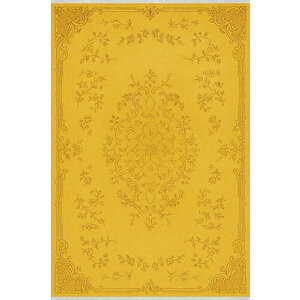 Sarı Klasik Desenli Halı – Işıltılı Vintage Şıklık | Kaymaz Taban, Yıkanabilir, Evcil Dostu 150x150 cm