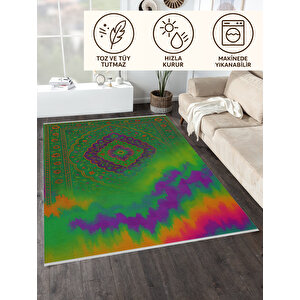 Yeşil Zeminli Renk Patlamalı Halı – Modern & Canlı Tasarım | Kaymaz, Yıkanabilir, Evcil Dostu 150x150 cm