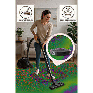 Yeşil Zeminli Renk Patlamalı Halı – Modern & Canlı Tasarım | Kaymaz, Yıkanabilir, Evcil Dostu 150x150 cm