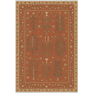 Kiremit Renkli Geleneksel Halı – Yıkanabilir & Kaymaz | İnce Yapı, Bebek Ve Evcil Dostu Halı 80x80 cm