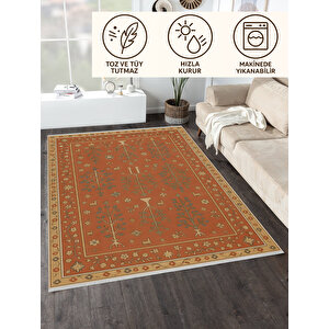 Kiremit Renkli Geleneksel Halı – Yıkanabilir & Kaymaz | İnce Yapı, Bebek Ve Evcil Dostu Halı 80x80 cm