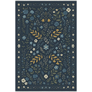 Lacivert Çiçek Desenli Halı – Kaymaz Taban, Yıkanabilir, Bebek Ve Evcil Dostu, İnce Yapı 200x600 cm