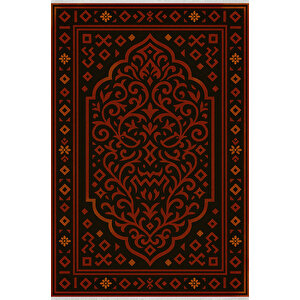 Siyah Zemin Kırmızı Geometrik Halı – Etnik Stil | Kaymaz Taban, Yıkanabilir, Evcil Dostu 80x500 cm