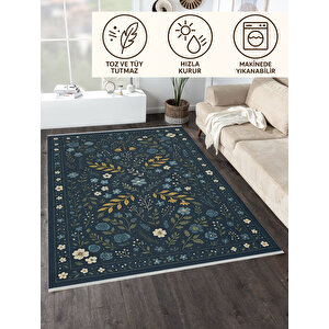 Lacivert Çiçek Desenli Halı – Modern Vintage Tarz | Kaymaz, Yıkanabilir, Evcil & Bebek Dostu 80x350 cm