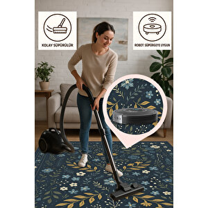 Lacivert Çiçek Desenli Halı – Modern Vintage Tarz | Kaymaz, Yıkanabilir, Evcil & Bebek Dostu 80x350 cm