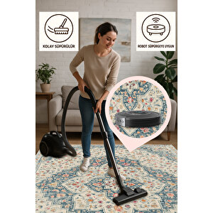 Vintage Mavi Klasik Halı – Kaymaz & Yıkanabilir | Robot Süpürge Uyumlu, Bebek Ve Evcil Dostu 150x150 cm