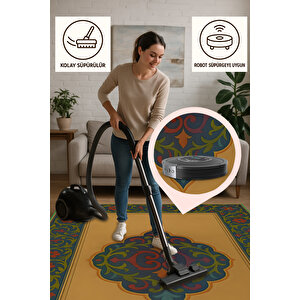 Osmanlı Motifli Halı – Sarı Zemin Üzerine Renkli Klasik Desen | Kaymaz, Yıkanabilir 80x350 cm