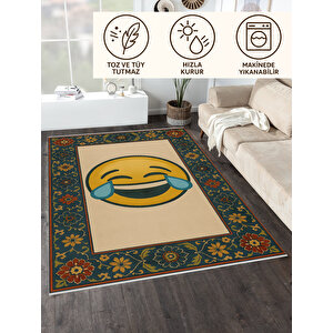 Emoji Desenli Retro Halı – Gülme İfadesi, Kaymaz Taban, Yıkanabilir, Bebek Dostu 180x200 cm