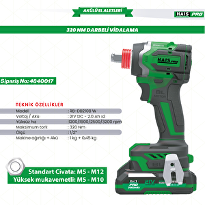 Haispro Rb-db2108w Darbeli Vidalama-somun Sökme 320nm 21 V 2.0 Ah