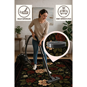 Siyah Zemin Kırmızı Çiçekli Halı – Retro Şıklık | Kaymaz Taban, Yıkanabilir, Bebek Dostu 80x80 cm