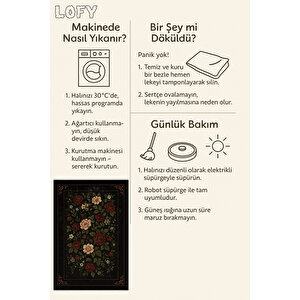 Siyah Zemin Kırmızı Çiçekli Halı – Retro Şıklık | Kaymaz Taban, Yıkanabilir, Bebek Dostu