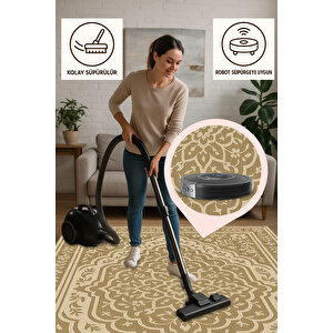 Bej Etnik Desenli Halı – Klasik & Şık Tasarım | Kaymaz, Yıkanabilir, Evcil Ve Bebek Dostu 120x400 cm