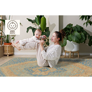 Mavi Bej Klasik Halı – Soft Renkli Vintage Tasarım | Kaymaz, Yıkanabilir, Evcil Ve Bebek Dostu